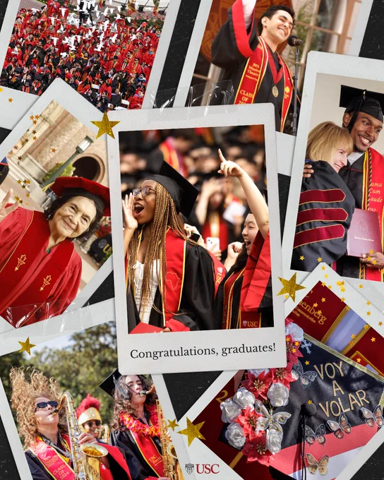 Graduates in red and black caps and gowns celebrating at a USC commencement ceremony with joyful gestures and diplomas.