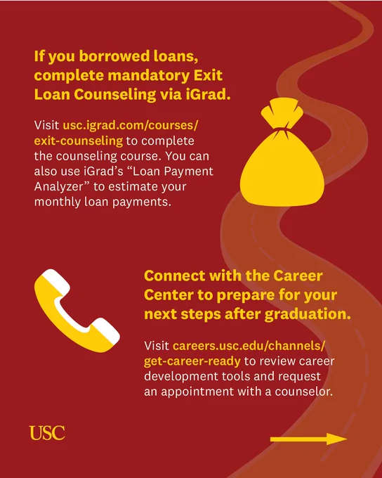 Instructions to complete mandatory Exit Loan Counseling via iGrad for borrowers, with links to USC resources for loan payment estimation and career preparation.