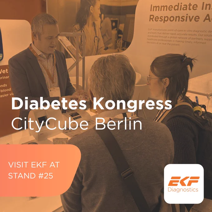 Attendees engage with a representative at EKF Diagnostics booth during the Diabetes Kongress at CityCube Berlin.
Text: "Diabetes Kongress. CityCube Berlin. Visit EKF AT STAND #25".
