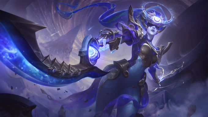 Eternal Aspect Diana’s blue hair matches the pattern of a night sky. Her eyes are covered by a bright moon that guides her path as she wields a celestial sword into battle.