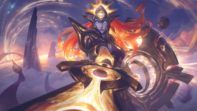 Eternal Aspect Leona stands above the clouds, towering above nearby mountains. Her sword is powered by multiple suns as she shines brightly with dawn rising behind her.