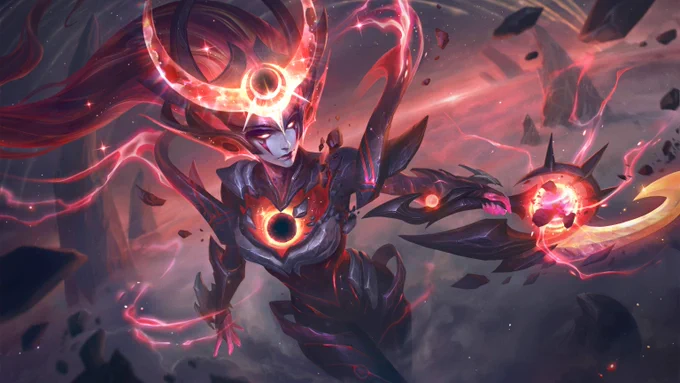 Eclipse Eternal Aspect Diana is powered by a star in her chest, making her shine with a crimson hue overflowing with power. She stands above the world in judgment, ready to strike.