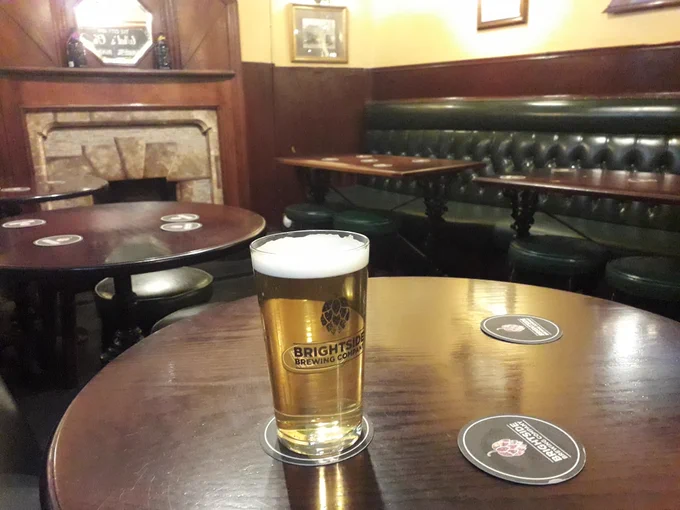 A fine pint of pale ale in a very fine Manchester pub.