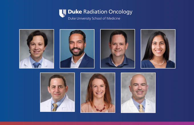 Headshots of Drs. Qazi, Kumar, Godfrey, Palta, Salama, Eyler and Boyer on a blue background with the Duke Radiation Oncology logo