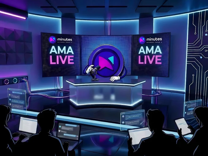 Futuristic Minutes Network Token X (MNTx) AMA livestream studio featuring neon blue and purple branding, digital broadcast screens displaying “AMA LIVE,” and the MNTx logo hosting a crypto and DePIN ecosystem discussion. The image promotes the upcoming MNTx AMA covering tokenomics, staking rewards, supply dynamics, DePIN network expansion, live Explorer statistics, roadmap updates, and the upcoming MNTx application. Community members are shown attending the virtual blockchain and telecommunications event from connected devices in a high-tech decentralized infrastructure environment.