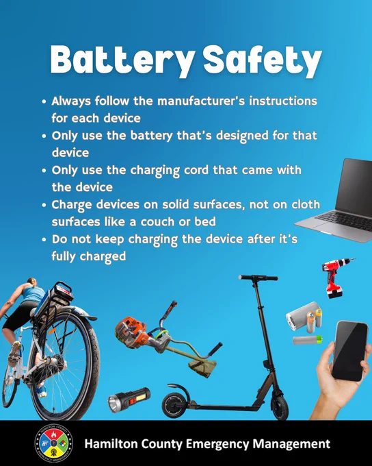 Blue background with a variety of everyday items that are battery powered.  Tips include: Always follow the manufacturer’s instructions for each device. Only use the battery that’s designed for that device. Only use the charging cord that came with the device. Charge devices on solid surfaces, not on cloth surfaces like a couch or bed. Do not keep charging the device after it’s fully charged