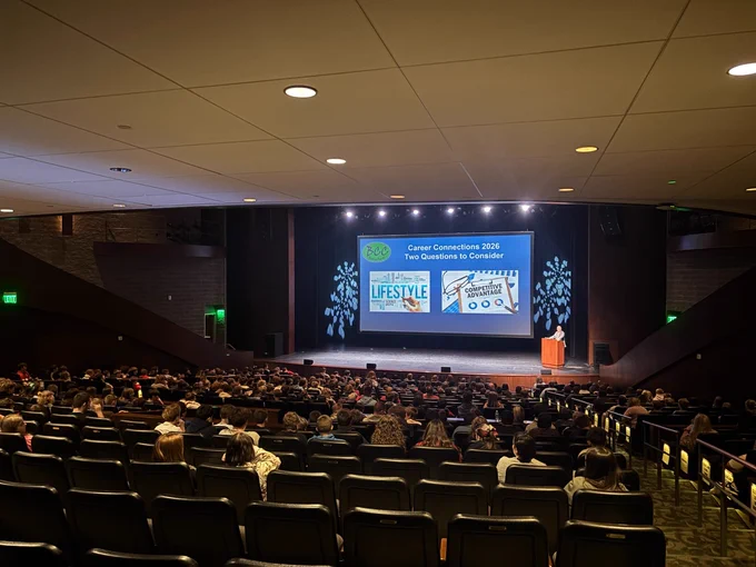 Nearly 400 seventh and eighth grade students from Indian Valley and Garaway school districts fill the seats of the Kent State University at Tuscarawas Performing Arts Center for the morning kickoff of the Middle School Career Connections program.
