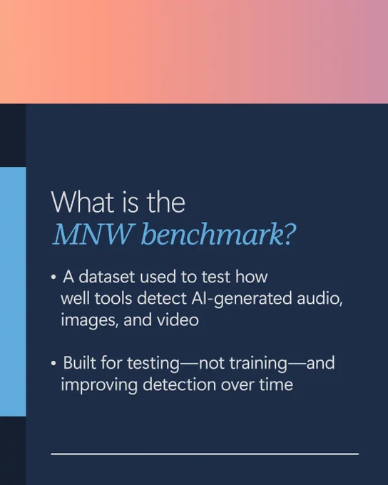 What is the MNW benchmark? 

A dataset used to test how well tools detect AI‑generated audio, images, and video 

Built for testing—not training—and improving detection over time 