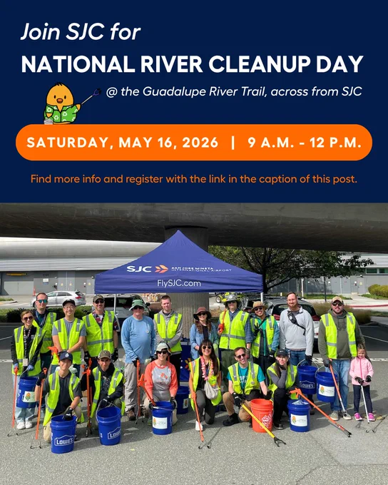 Employees and volunteers wear hi-vis vests and prepare to clean up the Guadalupe River Trail. Text says: "Join SJC for National River Cleanup Day @ the Guadalupe River Trail, across from SJC. Saturday, May 16, 2026. 9 a.m. - 12 p.m. Find more info and register with the link in the caption of this post."