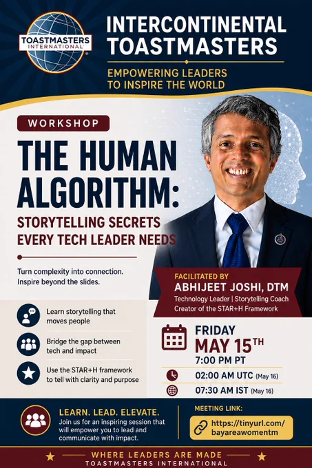 In this engaging session, you’ll discover how to:
✅ Make technical ideas memorable
✅ Communicate with confidence and impact
✅ Inspire people — not just inform them
✅ Connect human stories to business outcomes

Whether you’re an engineer, manager, entrepreneur, presenter, or someone tired of “next slide please,” this workshop will help elevate your communication skills to the next level.

Come curious. Leave inspired. And maybe finally explain your work without using 73 PowerPoint bullets. 😄

