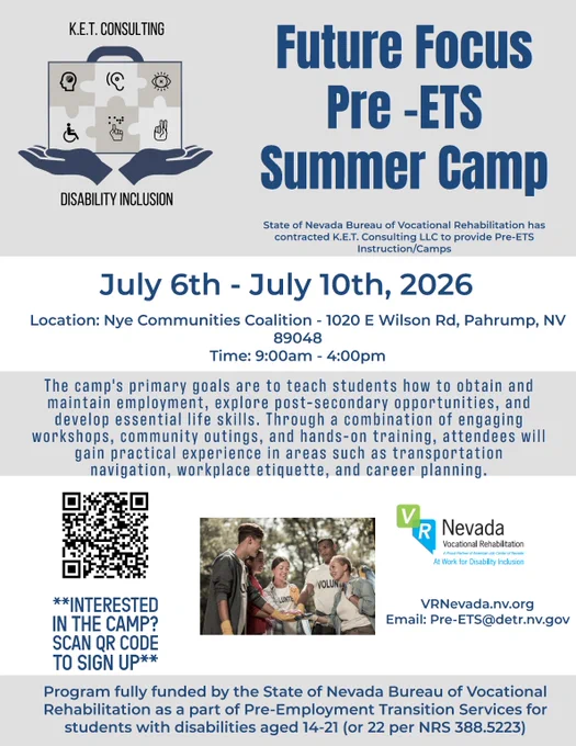 Flyer for Future Focus Pre-ETS Summer Camp from July 6-10, 2026, in Pahrump, NV, focused on disability inclusion and vocational skills.