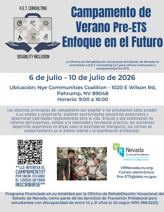 Flyer for a Nevada vocational rehab summer camp focused on disability inclusion and future career skills, July 6-10, 2026 in Pahrump.