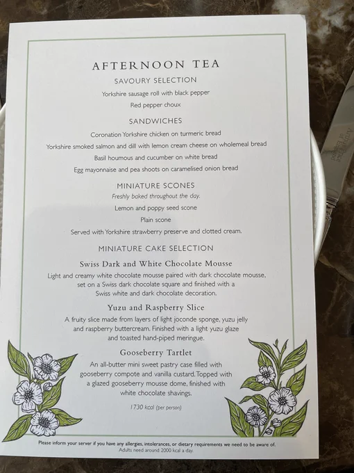 Afternoon tea menu