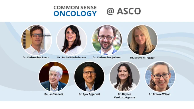 Common Sense Oncology at ASCO. Eight profile pictures, from left to right: Drs. Christopher Booth, Rachel Riechelmann, Christopher Jackson, Michelle Tregear, Ian Tannock, Ajay Aggarwal, Haydeé Verduzco-Aguirre, Brooke Wilson.