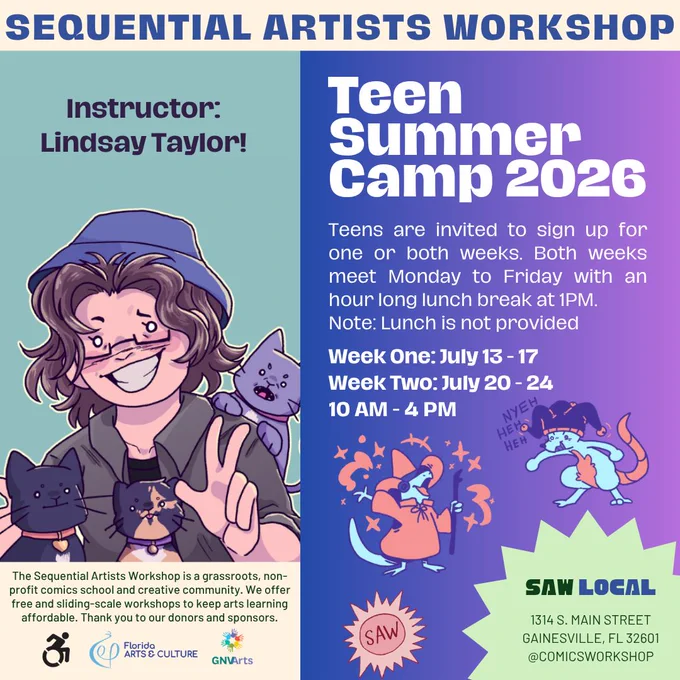 Promo for 2026 teen comics summer camp at SAW.  When: Week  One: Monday-Friday, July 13-July 17, 2026*Week  Two: Monday-Friday, July 20-July 24, 2026**Break for lunch at 1PM. Lunch is not provided.