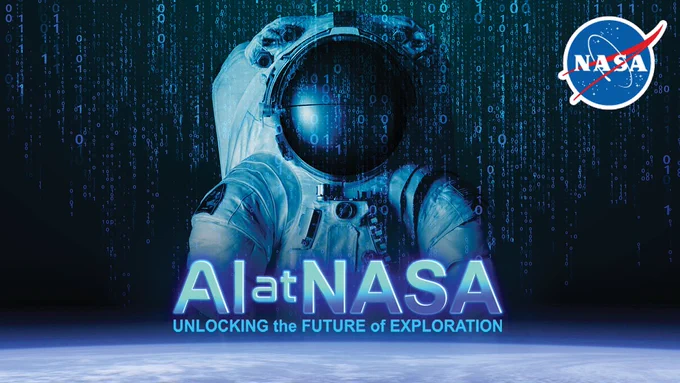 Binary code cascades in vertical lines around an astronaut in a bulky white spacesuit. At the bottom of the graphic is the title AI at NASA: Unlocking the Future of Exploration