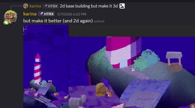 A picture of basebuilding in pelikeeper with text from Karina that says "2d base building, but make it 3d" and then a followup reply from karina that says "but make it better(and 2d again)"