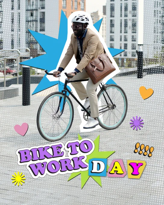 Promotional graphic featuring a man in business casual attire—tan blazer, slacks, and a white helmet—riding a light blue bicycle on an urban sidewalk. He carries a large messenger bag. The background shows a city street with buildings. Bold colorful sticker-style text in the lower portion reads "BIKE TO WORK DAY." Heart and flower sticker graphics are scattered around the image. Blue starburst shapes accent the upper portion. 