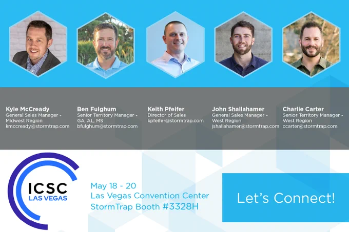 Portraits of five StormTrap sales managers with names and emails against a blue background, promoting their booth, #3328H at ICSC Las Vegas May 18-20.