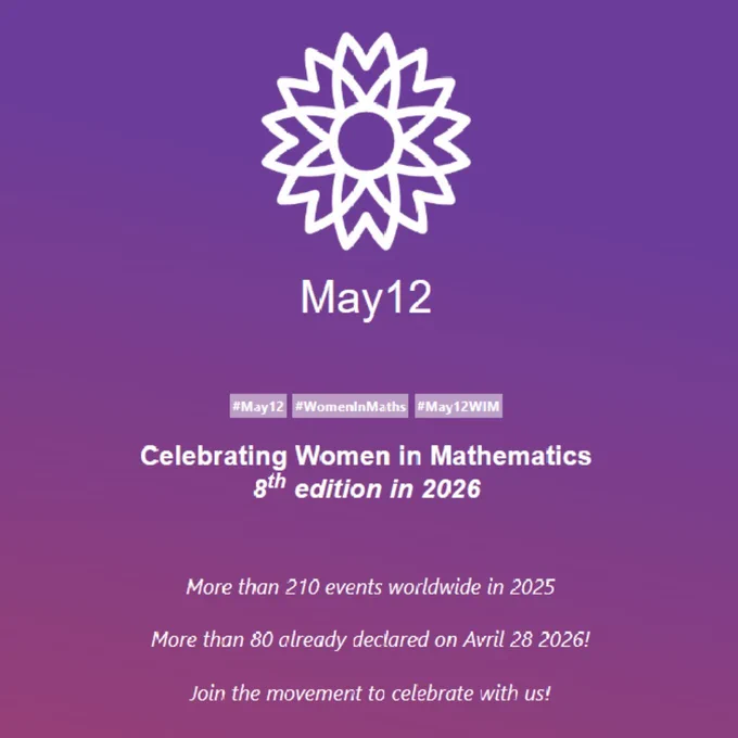 Logo of a stylized flower with text promoting May 12 as Women in Mathematics Day, highlighting the 8th edition in 2026 and global events, all on a purple gradient background.