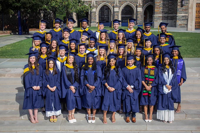A group of graduates (Master of Biomedical Sciences graduates) stands on steps, wearing blue gowns and caps with yellow accents. In the background, the architecture of Duke University is visible. Some graduates wear stoles with colorful patterns.