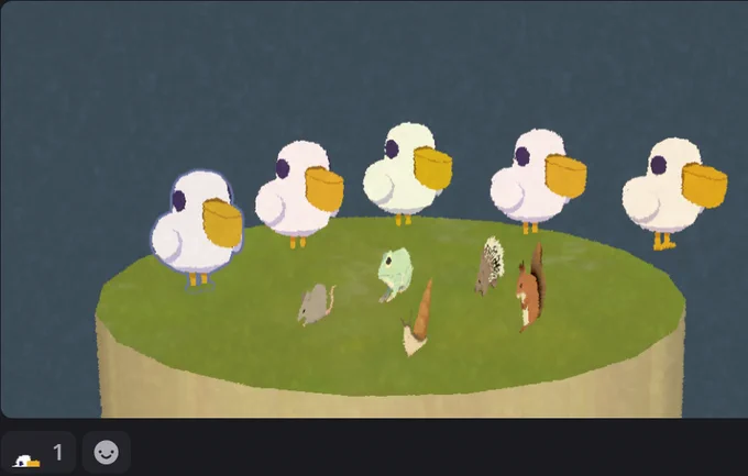 a picture of 5 gigantic 3d pelican statues overlooking smaller 2d sprites of a rat, frog, squirrel, porcupine, and snail