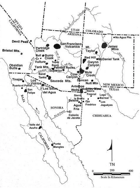 Shackley 2024. Approximate location of known sources of archaeological obsidian in the North
American Southwest. Adapted from Panich et al. (2017); Shackley (1989, 2005, 2019b);
Shackley et al. (2016, 2018). Source localities not to scale. Government Mountain is a
source in the San Francisco volcanic field (Shackley 1988, 1995, 2005).
