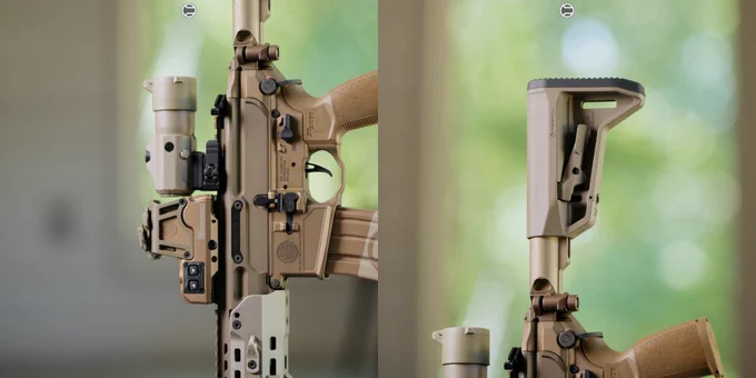 RailScales QTR Stop, Karve-P M-LOK Hand Stop, G10 RailScales M-LOK Scales (Dragon, TerraCore, 3-Slot & 4-Slot), LAO Sling Mount | Sig Sauer MCX-SPEAR LT SD (6.75" 300BLK SBR) w/ SLH762Ti Suppressor in Coyote, EOTech OGL Laser w/ Unity Tactical ModButton Lite, Surefire M640U-Pro Scout Light Pro Light w/ CSM-07 M-LOK Switch, Dura Mag 30rd Bronze Magazine, Sig Sauer Romeo9T RDS & Juliet4 Magnifier, Poi Tac ST-MCX-LT Sling Mount, Magpul SL-M Stock.