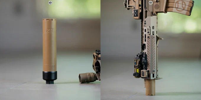 RailScales QTR Stop, Karve-P M-LOK Hand Stop, G10 RailScales M-LOK Scales (Dragon, TerraCore, 3-Slot & 4-Slot), LAO Sling Mount | Sig Sauer MCX-SPEAR LT SD (6.75" 300BLK SBR) w/ SLH762Ti Suppressor in Coyote, EOTech OGL Laser w/ Unity Tactical ModButton Lite, Surefire M640U-Pro Scout Light Pro Light w/ CSM-07 M-LOK Switch, Dura Mag 30rd Bronze Magazine, Sig Sauer Romeo9T RDS & Juliet4 Magnifier, Poi Tac ST-MCX-LT Sling Mount, Magpul SL-M Stock.