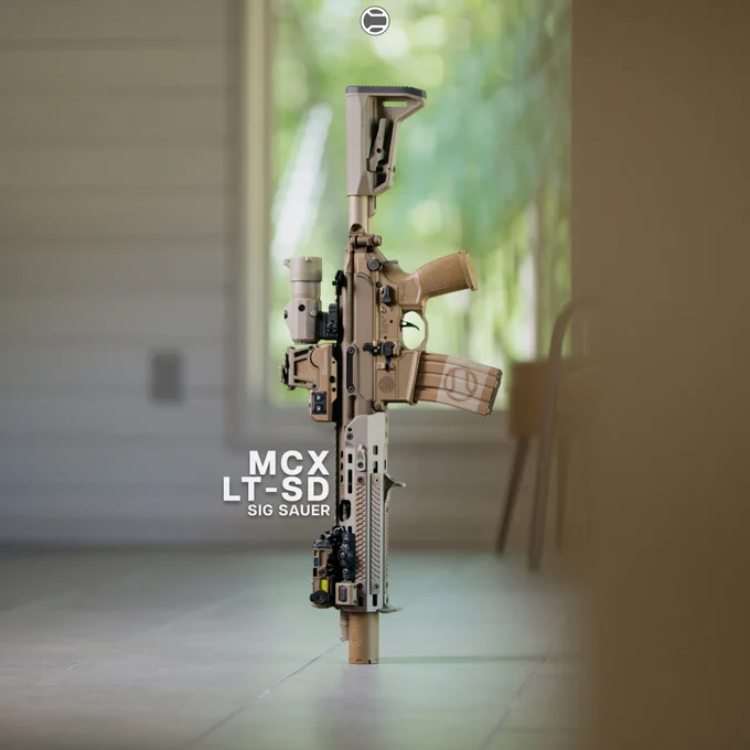 RailScales QTR Stop, Karve-P M-LOK Hand Stop, G10 RailScales M-LOK Scales (Dragon, TerraCore, 3-Slot & 4-Slot), LAO Sling Mount | Sig Sauer MCX-SPEAR LT SD (6.75" 300BLK SBR) w/ SLH762Ti Suppressor in Coyote, EOTech OGL Laser w/ Unity Tactical ModButton Lite, Surefire M640U-Pro Scout Light Pro Light w/ CSM-07 M-LOK Switch, Dura Mag 30rd Bronze Magazine, Sig Sauer Romeo9T RDS & Juliet4 Magnifier, Poi Tac ST-MCX-LT Sling Mount, Magpul SL-M Stock.