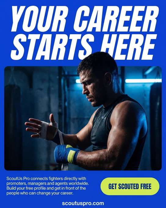 An intense image of a fighter wrapping his hands, set in a dimly lit gym. The mood is motivational, emphasizing career advancement.