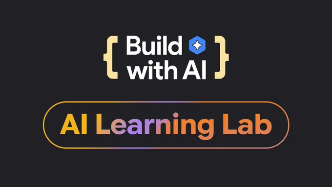 A dark background features the text "Build with AI" in white, positioned between large yellow curly braces and a blue hexagon containing a white star. Below this, the words "AI Learning Lab" are displayed in a yellow and orange gradient within a matching pill-shaped border.