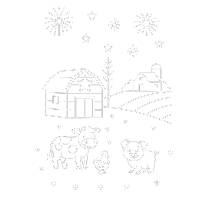 A coloring page that hasn't been filled in yet. It's a farm with rolling hills. A farm house and barn can be seen in the background with a cow, chicken and pig in the front. Fireworks can be seen in the background. 