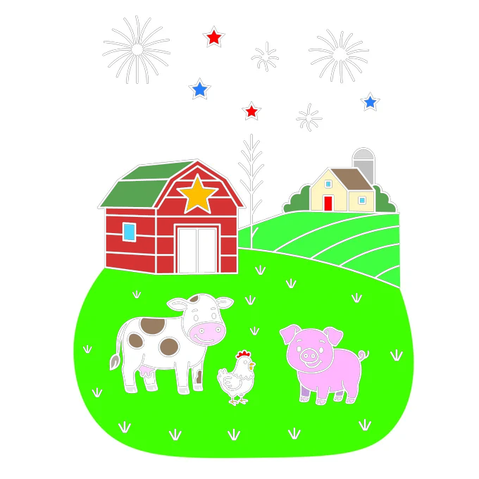 A coloring page that's been colored. It's a farm with green rolling hills. A farm house and red barn can be seen in the background with a cow, chicken and pig in the front. Fireworks can be seen in the background. 