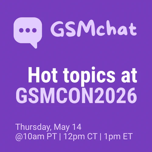 Purple graphic advertising a May 14 Government Social Media text based chat about hot topics at the Government Social Media Conference