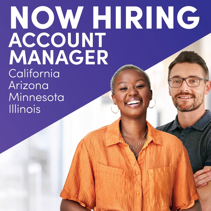 Graphic with a purple background and bold white text reading "Now Hiring Account Manager" with a list of states the positions are hiring in. On the right side, a woman in an orange short-sleeve blouse with short hair in the foreground, and a man wearing glasses and a dark polo shirt are standing. The ZP logo appears in the bottom right corner. 