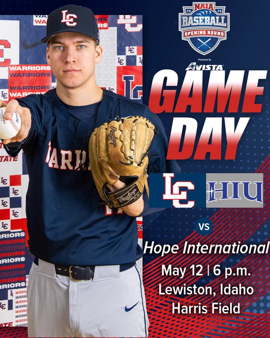 LC State baseball player standing next to a Gameday graphic
