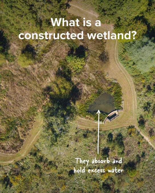 Aerial view of a constructed wetland with a small body of water and surrounding green vegetation, labeled with text explaining its purpose to absorb and hold excess water.