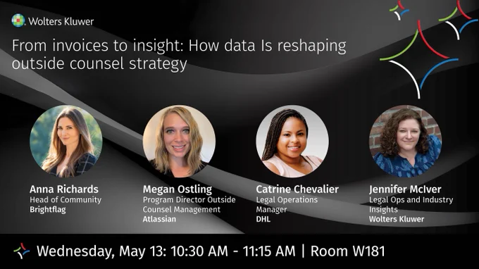 Promotional image for a panel discussion on data reshaping legal strategy, featuring four speakers: Anna Richards from Brightflag, Megan Ostling from Atlassian, Catrine Chevalier from DHL, and Jennifer McIver from Wolters Kluwer. Scheduled for Wednesday, May 13, 10:30 AM - 11:15 AM, Room W181. Wolters Kluwer logo included.