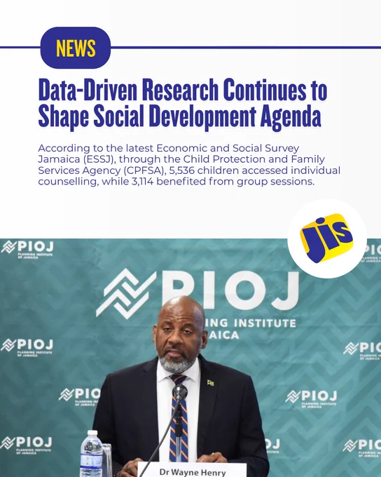 Data-driven research continues to shape Jamaica’s social development agenda, with new findings underscoring both progress and persistent challenges affecting children, youth, and vulnerable groups across the island.

The Planning Institute of Jamaica (PIOJ), in its latest Economic and Social Survey Jamaica (ESSJ), reports that evidence-based analysis remains central to the design of policies and programmes under the country’s social protection framework.

Visit https://jis.gov.jm/data-driven-research-continues-to-shape-social-development-agenda/ for more info. 