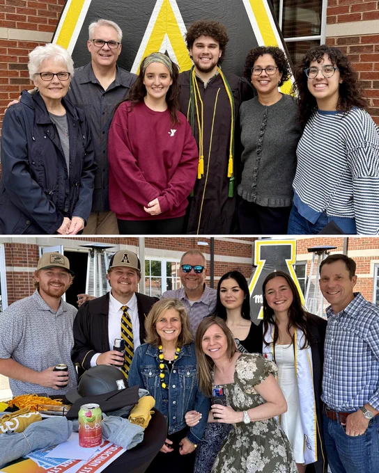Two family group photos in front of a large App State A display outside the McKinney Alumni Center. The top photo shows a graduate in a black gown posing with family members. The bottom photo shows graduates and family members gathered around a table with App State swag and drinks during a graduation celebration.