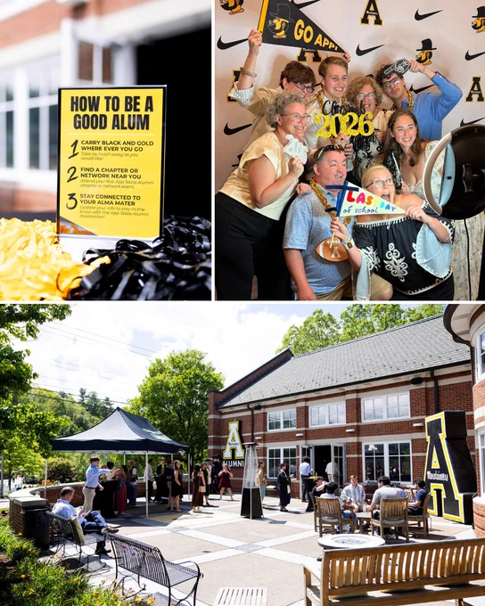 Graduation celebration collage featuring an App State alumni sign reading “How to Be a Good Alum,” guests posing with graduation props at a photo booth and an outdoor view of the McKinney Alumni Center courtyard during a graduation event.