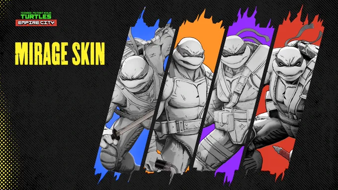 Black and white Teenage Mutant Ninja Turtles in dynamic poses with colorful blue, orange, purple, and red backgrounds behind each character.