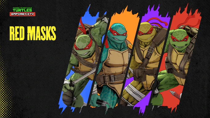 Four Teenage Mutant Ninja Turtles wearing red masks and combat gear, each posed dynamically against colorful slashes on a black background.