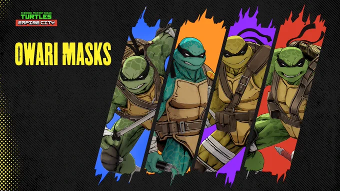 Four Teenage Mutant Ninja Turtles in action poses with black masks with colored slashes behind each, labeled 'Owari Masks' from Empire City.