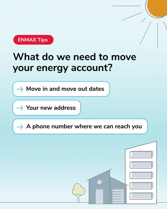 An infographic titled "ENMAX Tips" listing three requirements for moving an energy account: move-in and move-out dates, new address, and a contact phone number.
