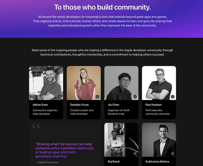 Image features a banner titled "To those who build community," highlighting the contributions of developers in the Apple community. It includes portraits of five individuals with more developers on the website.