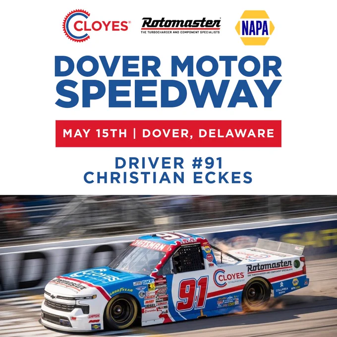 Promotional image for a race at Dover Motor Speedway, featuring Driver #91 Christian Eckes. Includes sponsor logos and race details.