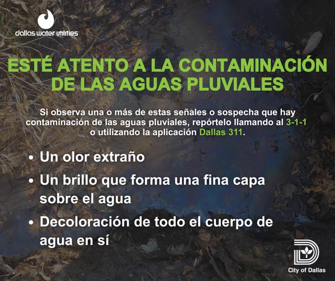 Imagen de un charco de agua café con una fina capa aceitosa en la superficie. Mensaje: Esté atento a la contaminación de las aguas pluviales. Si observa una o más de estas señales o sospecha que hay contaminación de las aguas pluviales, repórtelo llamando al 311 o utilizando la aplicación Dallas 311. Un olor extraño; un brillo que forma una fina capa sobre el agua; descoloración de todo el cuerpo de agua en sí
