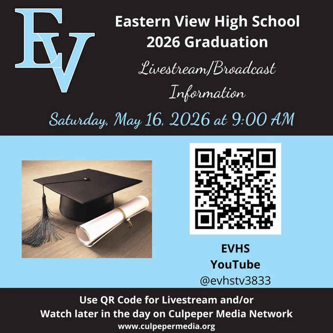 Graduation cap, tassel, diploma, QR code, and Eastern View High School 2026 Graduation Livestream/Broadcast Information.